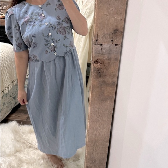 Miss Dorby vintage Floral Blue Midi Dress with padded shoulders size XLarge - Picture 1 of 7